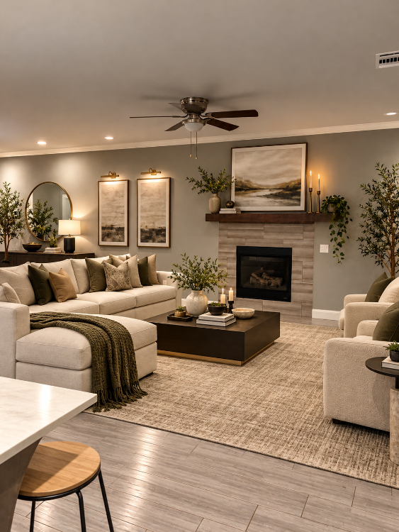 Living room virtually staged in the Modern style